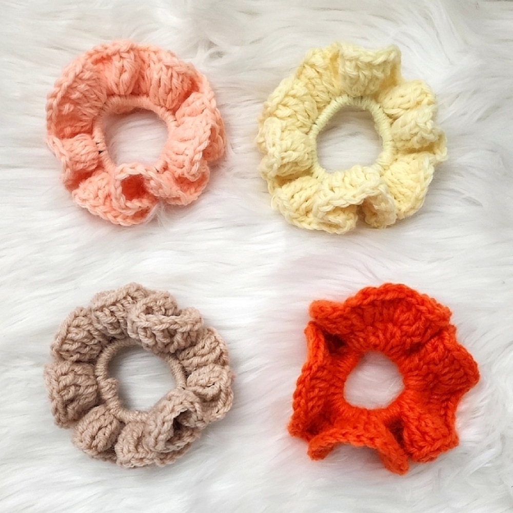 Handmade Textured Crocheted Scrunchies Ponytail Holder Hair Tie Set Of 4 - New - Picture 2 of 11